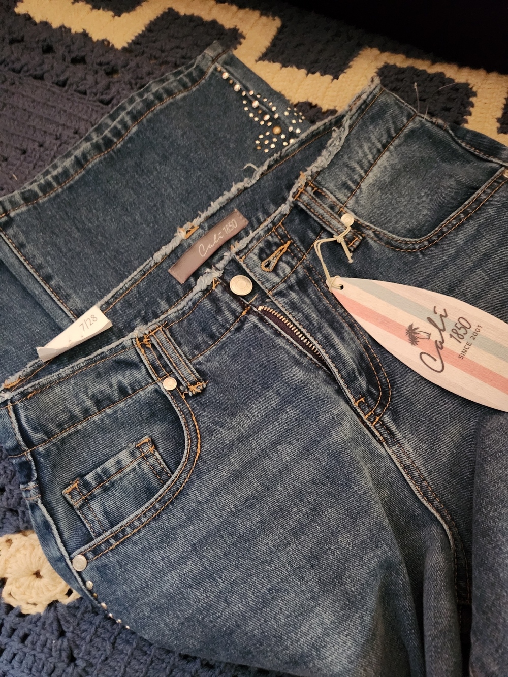 Women's Blue Embellished Wide Leg Jeans - Picture 6 of 8